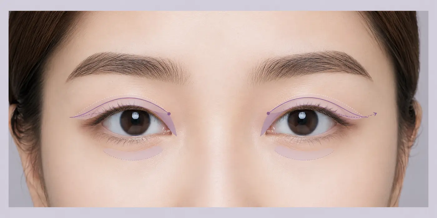 쌍꺼풀 라인과 눈동자 노출, 눈매 흐름을 표시한 성인 여성 눈매 연출 이미지