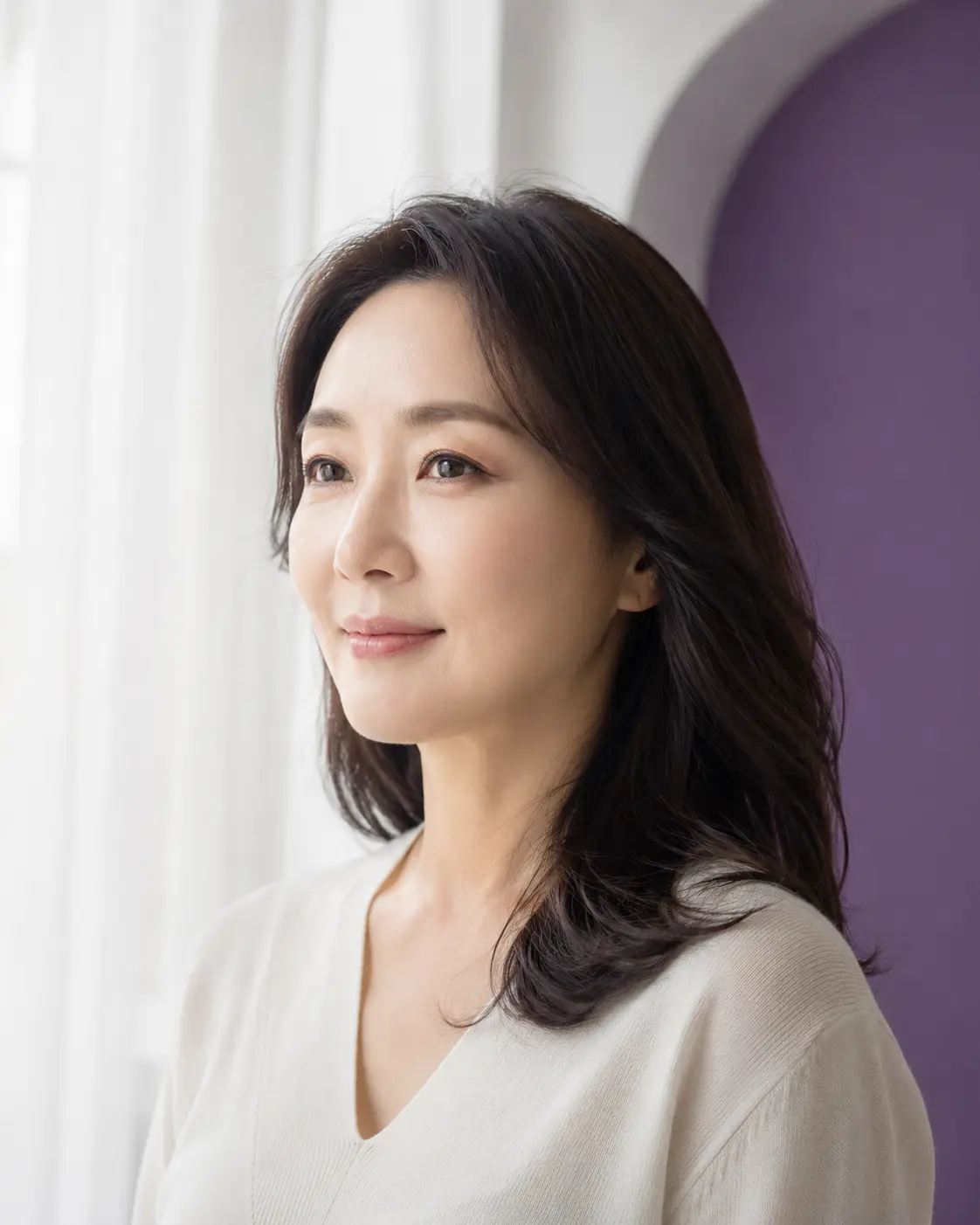 자연스러운 눈매의 성인 여성 측면 연출 이미지